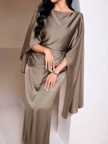 Veilorie Women's Elegant Solid Color Arabic Style Dress, Party Wear Dress Modest Dress With Cape - Army Green - View 6