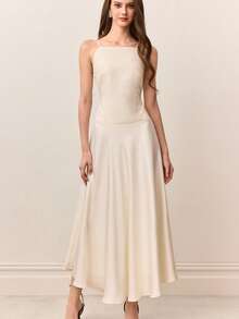 Aveloria Rosie Women's Solid Color Casual Vacation Satin Patchwork Design Spaghetti Strap Dress - Beige - View 3