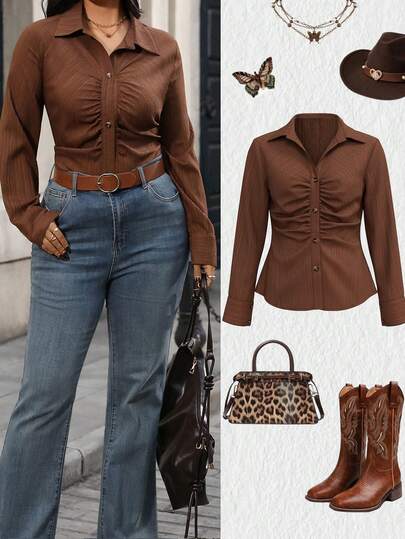 Juhart Camisa marrón de manga larga con cuello vuelto y fruncido delantero, estilo vintage para mujer de talla grande, otoño/invierno