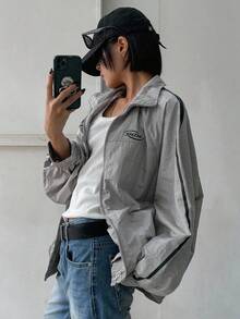 DAZY Chaqueta casual con bloques de color, rayas y estampado de letras para mujer - Gris - Ver 5