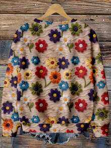 EMERY ROSE Plus Size Women Floral Applique Crew Neck Casual Long Sleeve Pullover Sweatshirt Autumn ,Spring - Multicolor - View 3