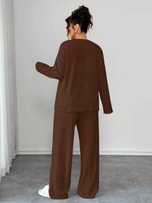 EMERY ROSE Conjunto de 2 piezas talla grande para mujer, blusa de manga larga con cuello en V holgada y pantalón recto, de tela cálida y texturizada, cómodo para uso casual tanto en interiores como exteriores, conjunto de 2 piezas talla grande unisex - Marrón Mocha - Ver 2