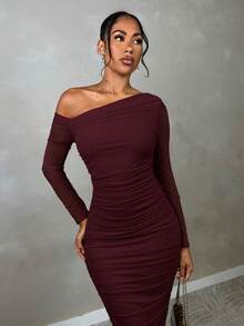 SHEIN BAE 女士秋季褶皱网纱优雅约会/派对修身长袖中长连衣裙 - 紫紅色 - 查看 4