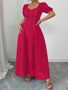 Elenzga Váy dài chữ A dệt vải cỡ lớn họa tiết hoa nhỏ thanh lịch, cắt ngẫu nhiên, cổ vuông tay bồng, viền bèo nhún eo, thời trang đa năng cho tiệc vườn, đi chơi, phong cách đặc biệt, hiệu suất cao - Đỏ - Xem 3