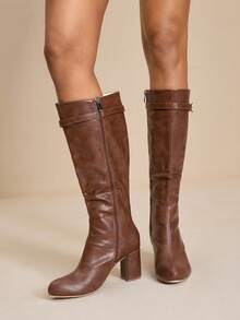 Daringsoles Casual Solid Color Side Zipper Chunky Heel Women Knee-High Boots - Brown - View 2