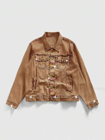 Street Life جاكيت جينز كاجوال أحادية الصدر مزينة بالراين الملون للرجال