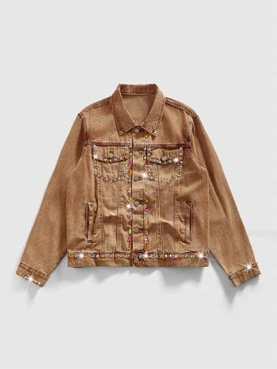 Street Life Giacca di jeans casual monopetto da uomo con decorazioni in strass colorati