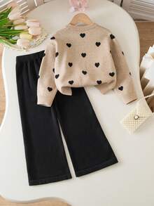 Genkimix Kids Young Girls Heart Pattern Knitted Sweater Long Sleeve Top And Leggings Set, Fashionable And Cute, Autumn/Winter Girls Sweater Sets Winter Young Girls Sets Two Pieces Pants Set Kids Girl Long Sleeves Outfits Girl S Spring And Autumn Suit Girl Knit Set Two Pieces Pants Set Girls Knit Set Knit Set Kids Knit Long Sleeve Set Sweater Set Girls Sweater Sets Winter Young Girls Sets Girl Clothes Autumn And Winter Clothes Girl Knit Set Little Girls Pants Set Girls Sweater Sets Winter Young Girls Sets 2pcs Set Toddler Girls Girl S Spring And Autumn Suit Girl Knit Set Girls Spring And Autumn Suit Girl Spring And Autumn Suit - Khaki - View 2