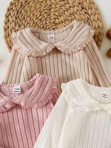 SHEIN 3pcs Baby Girls Elegant Ruffle Collar Striped Long Sleeve T-Shirt, Cute & Fashionable For Home, Outdoor, Vacation, All Seasons - Multicolor - View 4