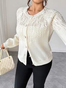 Elenzga 新款春季宽松休闲镂空圆领灯笼袖女士针织开衫毛衣，饰有精致猫眼银色饰边纽扣 - 杏色 - 查看 7