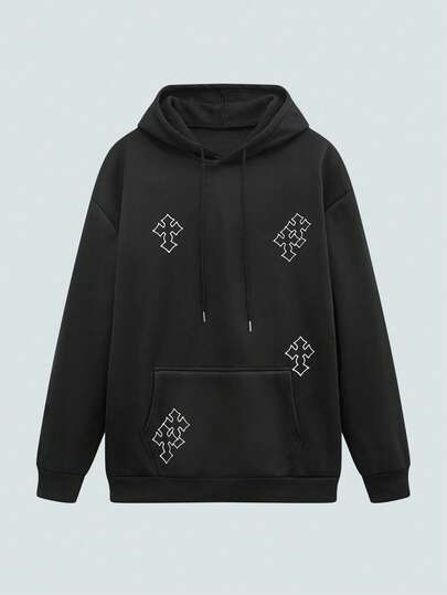 Modcrash 男士休闲十字印花宽松连帽卫衣，秋冬款