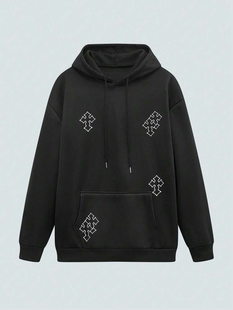 Modcrash 男士休闲十字印花宽松连帽卫衣，秋冬款 - 黑色 - 查看 1