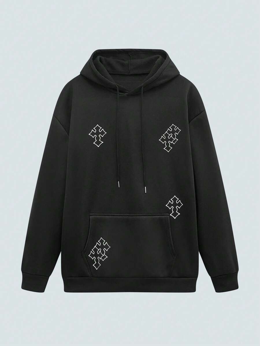 Modcrash 男士休闲十字印花宽松连帽卫衣，秋冬款 - 黑色 - 查看 1