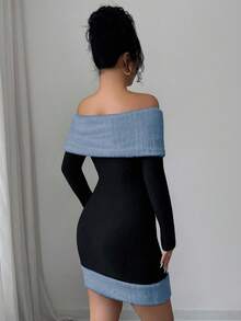 Modelyn 优雅露肩针织毛绒撞色迷你连衣裙，适合派对、秋冬季穿着 - 藍色 - 查看 3