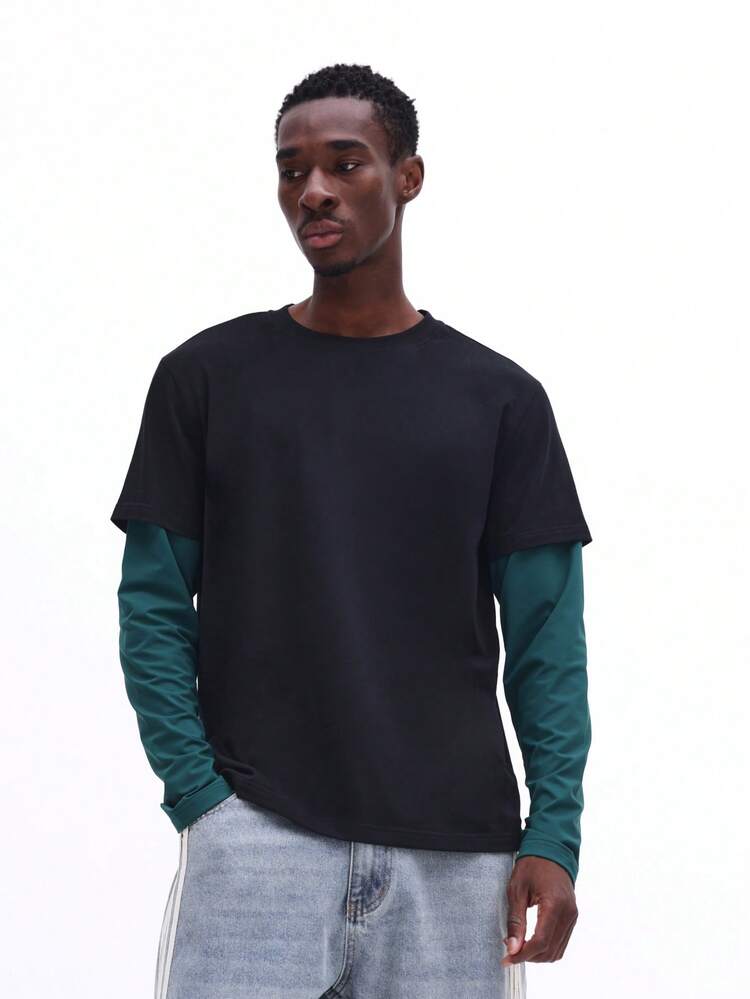 SUMWON Double Layer Long Sleeve Crew Neck T-Shirt With Contrast Sleeves Shrunken Fit Color Block Design Casual Layered Look Top Plain