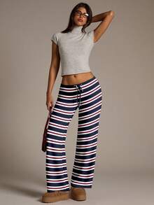 Aloruh Quần sọc xanh navy cạp siêu thấp dành cho nữ, phù hợp cho mùa thu/đông, trang phục hàng ngày đa năng, quần sọc - Màu Đỏ Sâu - Xem 7