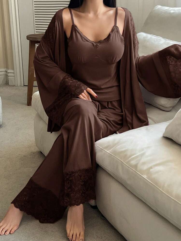 3pcs Lace Patchwork Robe, Camisole & Pants Women Sleepwear Set