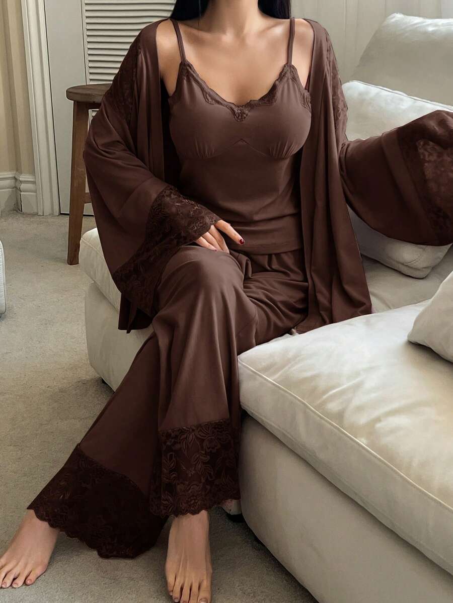 DAZY 3pcs Lace Patchwork Robe, Camisole & Pants Women Sleepwear Set - Brown - View 1