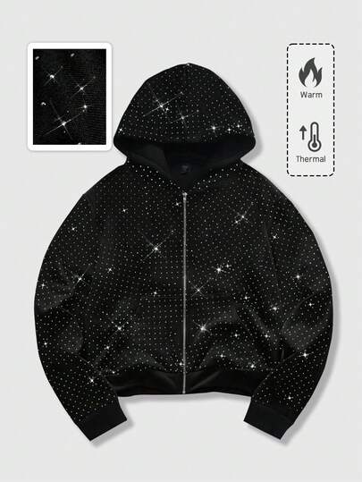Felpa con cappuccio casual da uomo con cerniera e strass pesanti