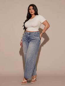 Slaydiva Quần jean ống rộng thời trang dáng rộng túi đính ngọc trai giả cỡ lớn cho nữ - Màu xanh lam - Xem 4