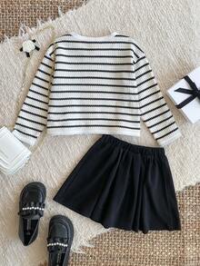 PrepCrw 2pcs Young Girls Elegant Black & White Striped Cardigan & Pleated Mini Skirt Set,Back-To-School,Autumn,Family Matching,Collegiate Casual Clothes Kids - Black and White - View 4