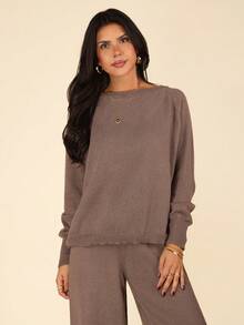 Coeurva Women's Casual Solid Color Oblique Shoulder Loose Knit Sweater And Pants Set, Autumn/Winter Brown Knit Set Two Piece Set Women Comfy Brown 2 Piece Set Brown Sweater And Pants Set Two Piece Lounge Set Comfortable Two Piece Set Brown Outfit Brown Matching Set,Fall,Fall Clothes For Women - Coffee Brown - View 4