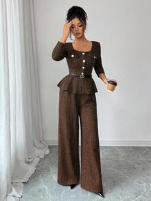 SHEIN Elenzya Set nou de 2 piese din tweed gros cu fir argintiu, toamnă/iarnă, design elegant romantic francez pentru doamne, guler despicat, talie, tiv cu volane, mânecă lungă, cardigan + pantaloni cu talie înaltă și picior drept, potrivit pentru Ziua Independenței - Maro - Vizualizare 6
