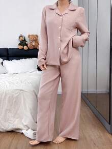 Dream Adore Women's Pink Plain Pajama Set Long Regular Sleeves Lapel Neck Casual Woven Fabric With Pockets Long Pant Sleepwear