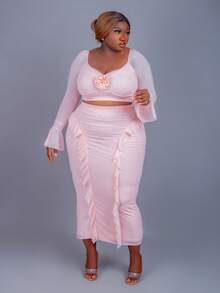 Fall Clothes For Women,WinterPlus Size Casual Vacation Solid Color Long Sleeve Top And Skirt 2 Pieces Set - Dusty Pink - View 3