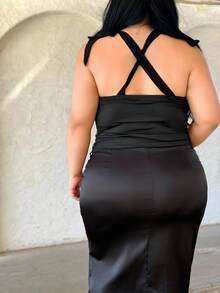 Truni Camiseta tipo camisola elegante de encaje talla grande, adecuada para vacaciones - Negro - Ver 2