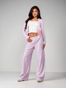 Missguided x Playboy 女士条纹两件套连帽衫和阔腿裤休闲家居服套装，包含拉链外套和配套长裤 - 灰色 - 查看 1