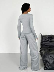 SHEIN EZwear 女款休閒針織上衣與長褲套裝，淺灰色居家服，棉質舒適兩件套，適合秋冬的舒適保暖服飾 - 淺灰色 - 查看 2