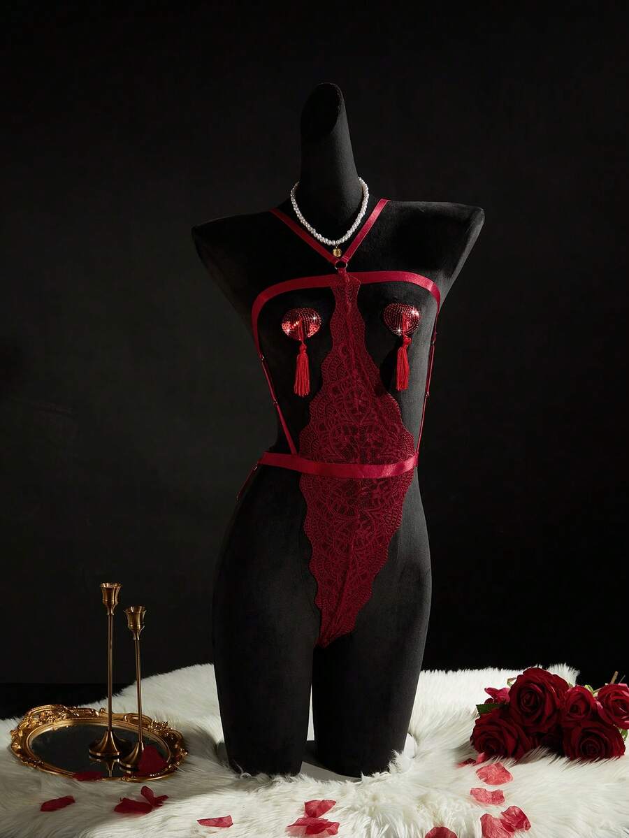 SpicyHot 3pcs Set: Lace Hollow-Out Bodysuit + Nipple Pasties For Women, Sexy - Burgundy - View 1
