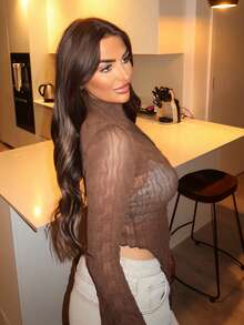 Ambs Edit 棕色针织纹理不对称下摆喇叭袖网纱上衣 - 摩卡棕 - 查看 3