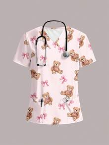 PopScrub Women's Casual Polka Dot Cartoon Bear Print Nursing Scrub Uniform Top - Multicolor - View 1