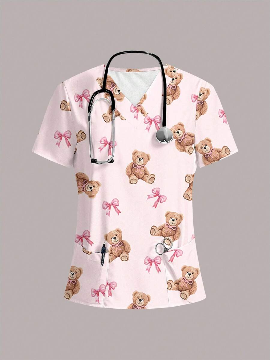 PopScrub Women's Casual Polka Dot Cartoon Bear Print Nursing Scrub Uniform Top - Multicolor - View 1