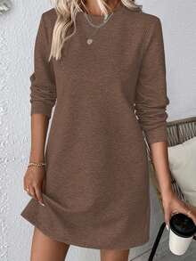 EMERY ROSE Vestido casual de manga larga con cuello redondo y textura para mujer de talla grande para uso diario y viajes - Marrón - Ver 7