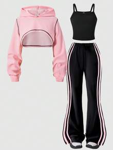 SHEIN ChillGRL 3pcs/Set Street Cool Kids Girls Outfit: Long Sleeve Cropped Hoodie, Spaghetti Strap Tank Top, And Casual Knit Flare Pants, Suitable For Daily Casual Wear And Fashion Parties, Spring/Autumn, YK2 Apparel Fall Winter - Pink - View 5