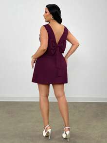 Firerie Plus Size Elegant Commuter Solid Color Bow Decor Backless Sleeveless Dress - Purple - View 6