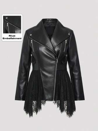Plus Size Gothic Punk PU Leather & Lace Patchwork Zip Up Jacket, Black, Autumn/Winter