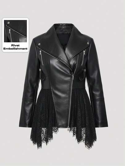 Plus Size Gothic Punk PU Leather & Lace Patchwork Zip Up Jacket, Black, Autumn/Winter
