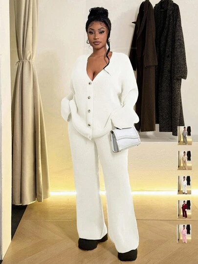 Maweii Plus Size Women's Solid Color, Deep V-Neck Button Long-Sleeved Loose Cardigan, Long Pants, Daily Commuting Knitted Suit, Autumn And Winter