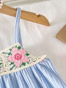 Genkimix Kids Girls Blue Spaghetti Strap Camisole And Shorts Set With Floral Embroidery For Vacation - Blue - View 7