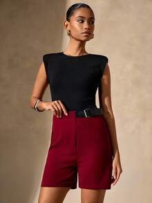 EURMUSE Women's Elegant Commuter Versatile Shorts With Waist Buckle Design - Burgundy - View 2