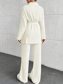 EURMUSE Ladies' Simple Daily Wear High Neck Belted Knitted Two-Piece Set (Solid Color) - Beige - View 2