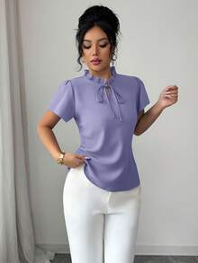 Mulvari Camisa de unicolor de manga corta, minimalista y casual para uso diario - Púrpura malva - Ver 5