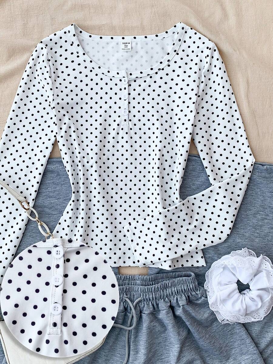 T-shirt à manches longues minimaliste avec demi-patte de boutonnage à pois pour adolescentes