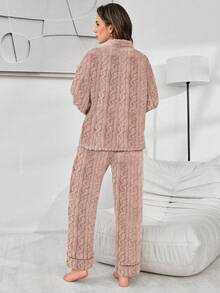 Women's Pocket Bow Decor Jacquard Fleece Top And Pants Fluffy Pajama Set, Fall Winter Clothes, Cozy