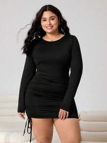 SHEIN EZwear Plus Size Women Black Round Neck Long Sleeve Drawstring Waist Fitted Dress Fall - Black - View 4