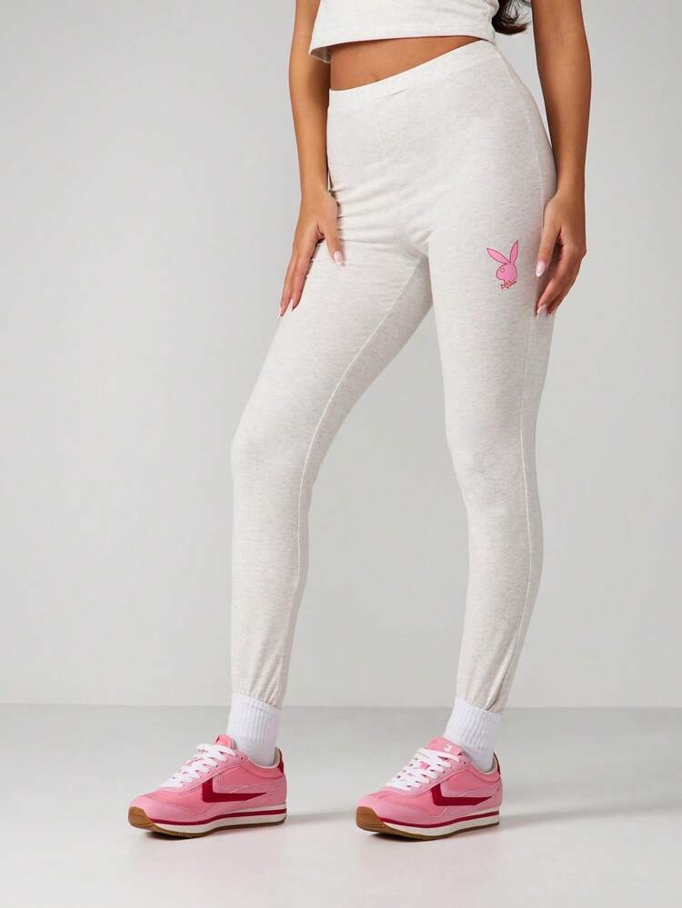 Missguided x Playboy High Rise Heart Print Leggings With Bunny Logo Stretchy Jogger Style Elastic Waistband Casual Workout Bottoms